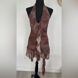 Brown Asymmetrical Ruffle Halter Dress